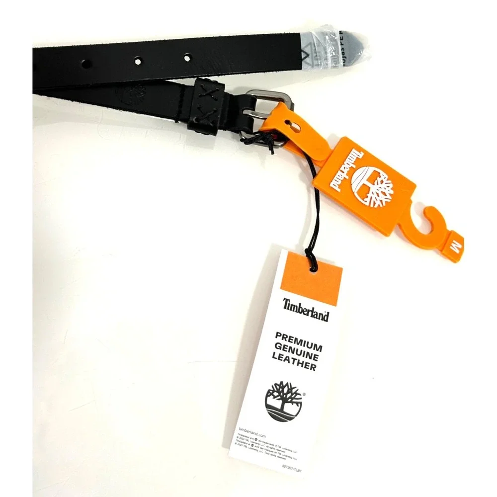 Timberland Skinny Tonal Keeper Stitch Leather Belt M Black Silver Buckle NWT